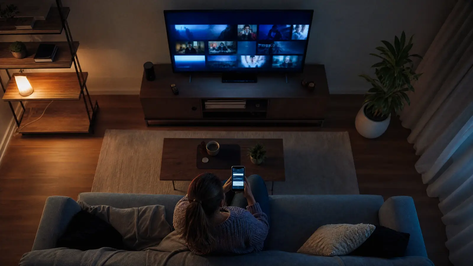 Frau trägt auf dem Sofa ihre IPTV-Zugangsdaten am Smartphone ein, im Hintergrund der Fernseher mit der App
