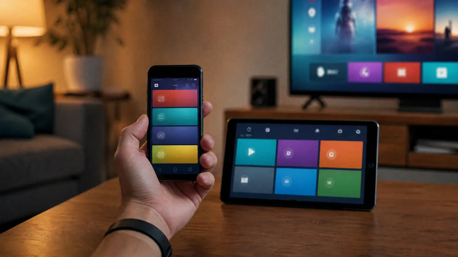 Smartphone, Tablet und Fernseher zeigen nebeneinander verschiedene IPTV-Player-Apps