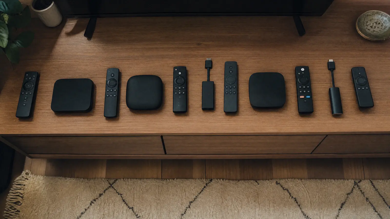 Verschiedene IPTV Boxen und Streaming-Sticks mit Fernbedienungen auf einem TV-Board im Vergleich