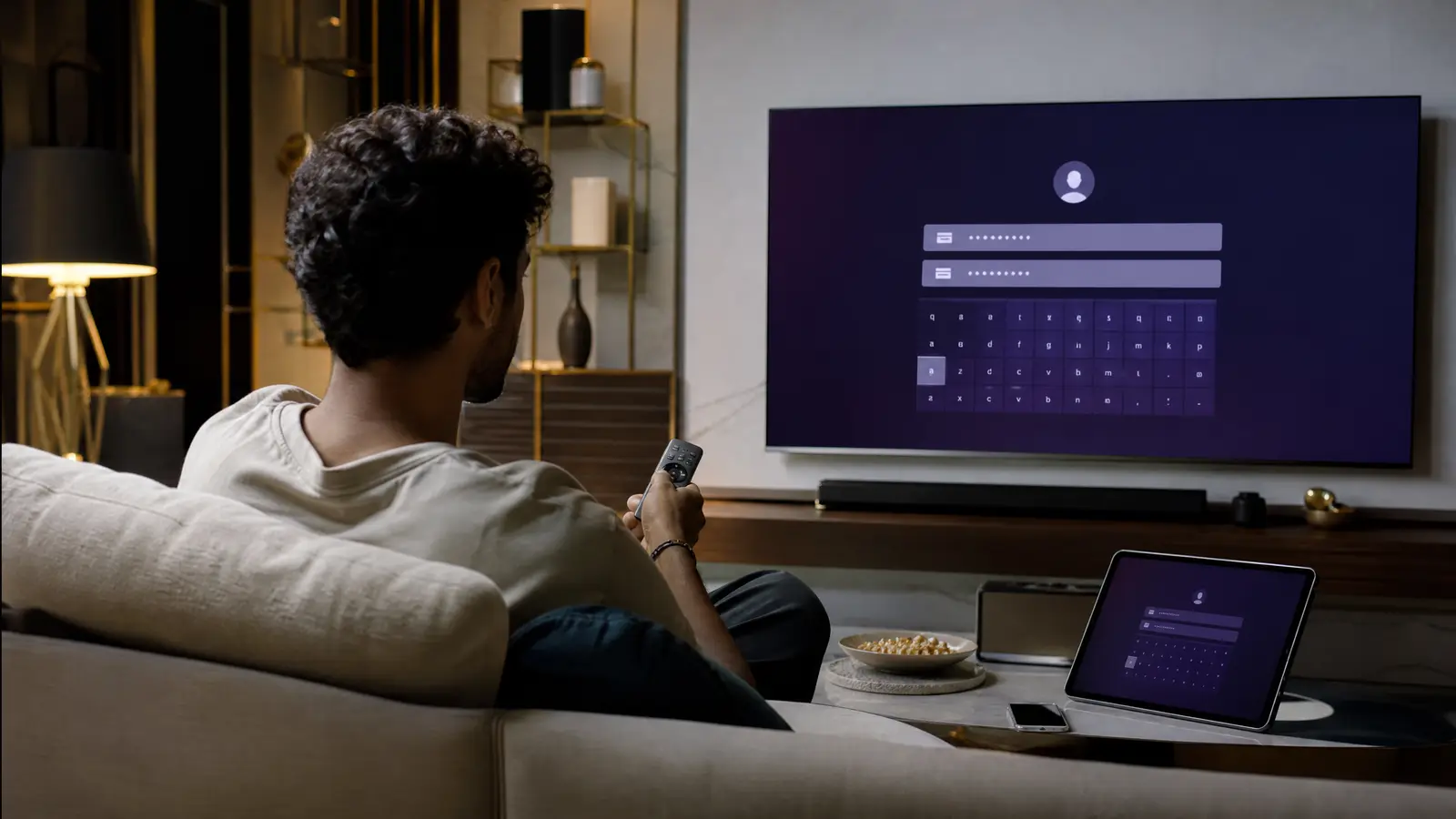 Mann richtet auf dem Sofa eine IPTV-Player-App auf dem Fernseher ein, daneben ein Tablet mit derselben App