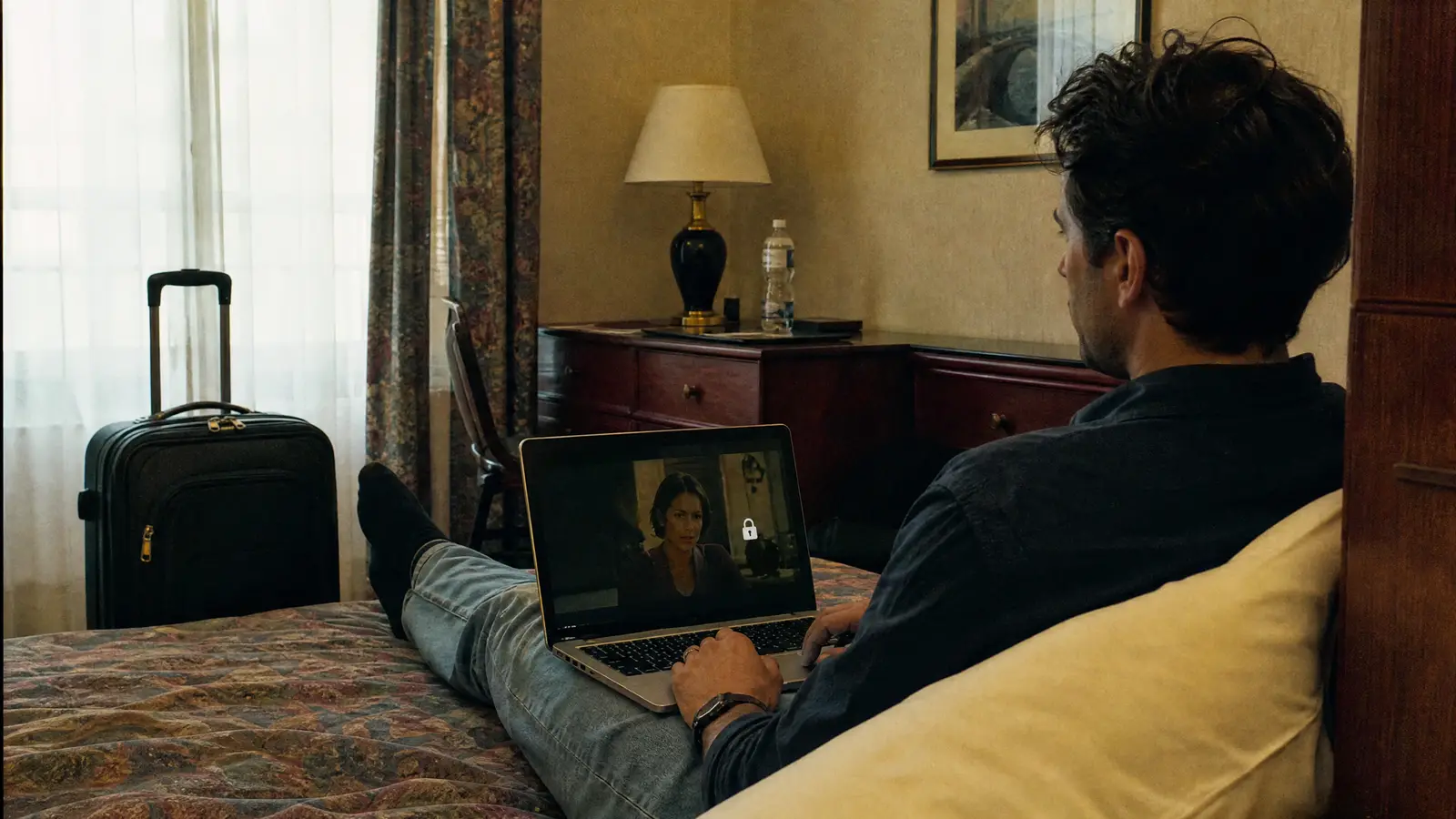 Reisender schaut im Hotelzimmer per Laptop mit VPN-Schloss-Symbol fern