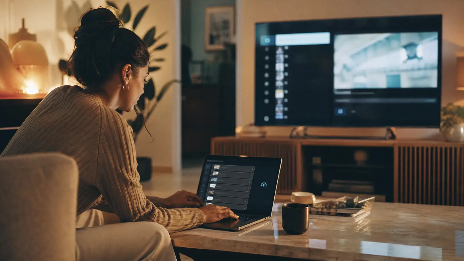 Frau lädt am Laptop eine TV-Playlist hoch, im Hintergrund zeigt der Smart-TV eine Senderliste