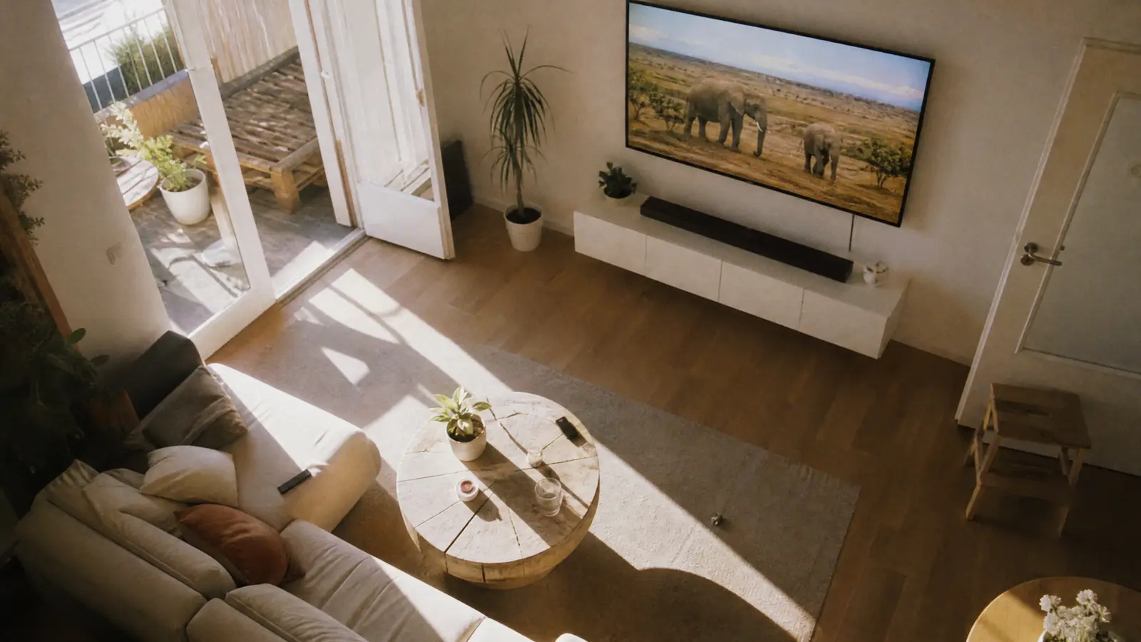 Smart-TV an der Wand eines hellen Wohnzimmers, bereit für IPTV