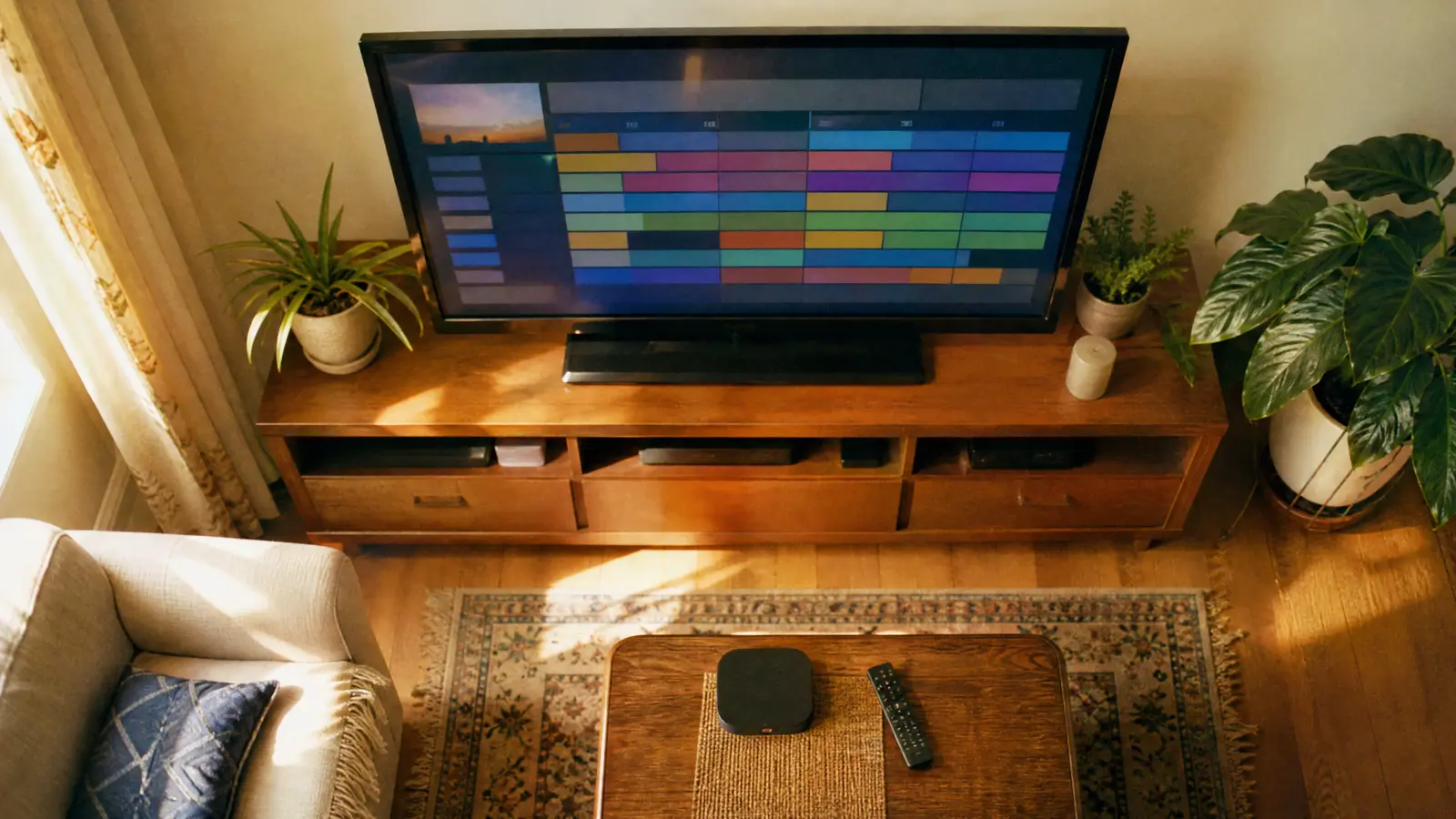 Fernseher mit farbigem TV-Programmführer, davor eine kleine Android-TV-Box mit Fernbedienung