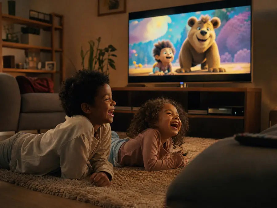 Kinder schauen lachend Zeichentrick über IPTV