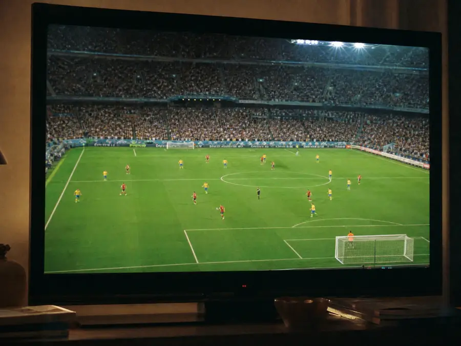 Live-Fußball auf einem großen Fernseher im Wohnzimmer über IPTV