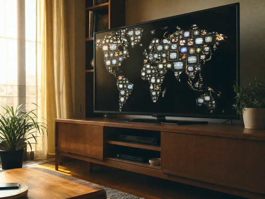 Fernseher zeigt eine Weltkarte aus TV-Bildschirmen für internationale IPTV Sender