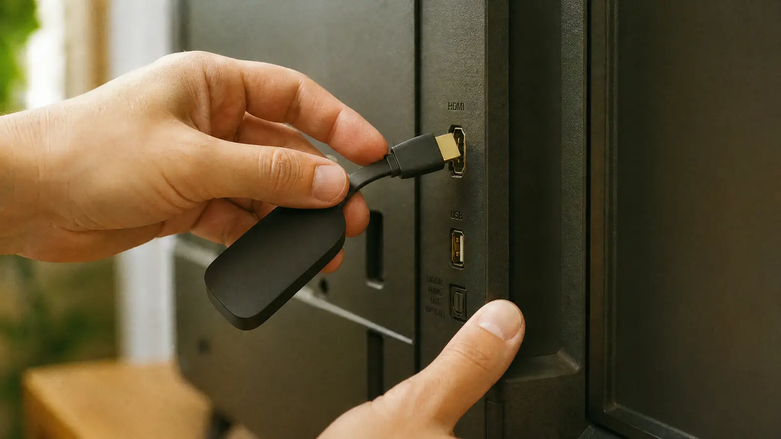 Streaming-Stick wird in den HDMI-Anschluss eines Fernsehers gesteckt