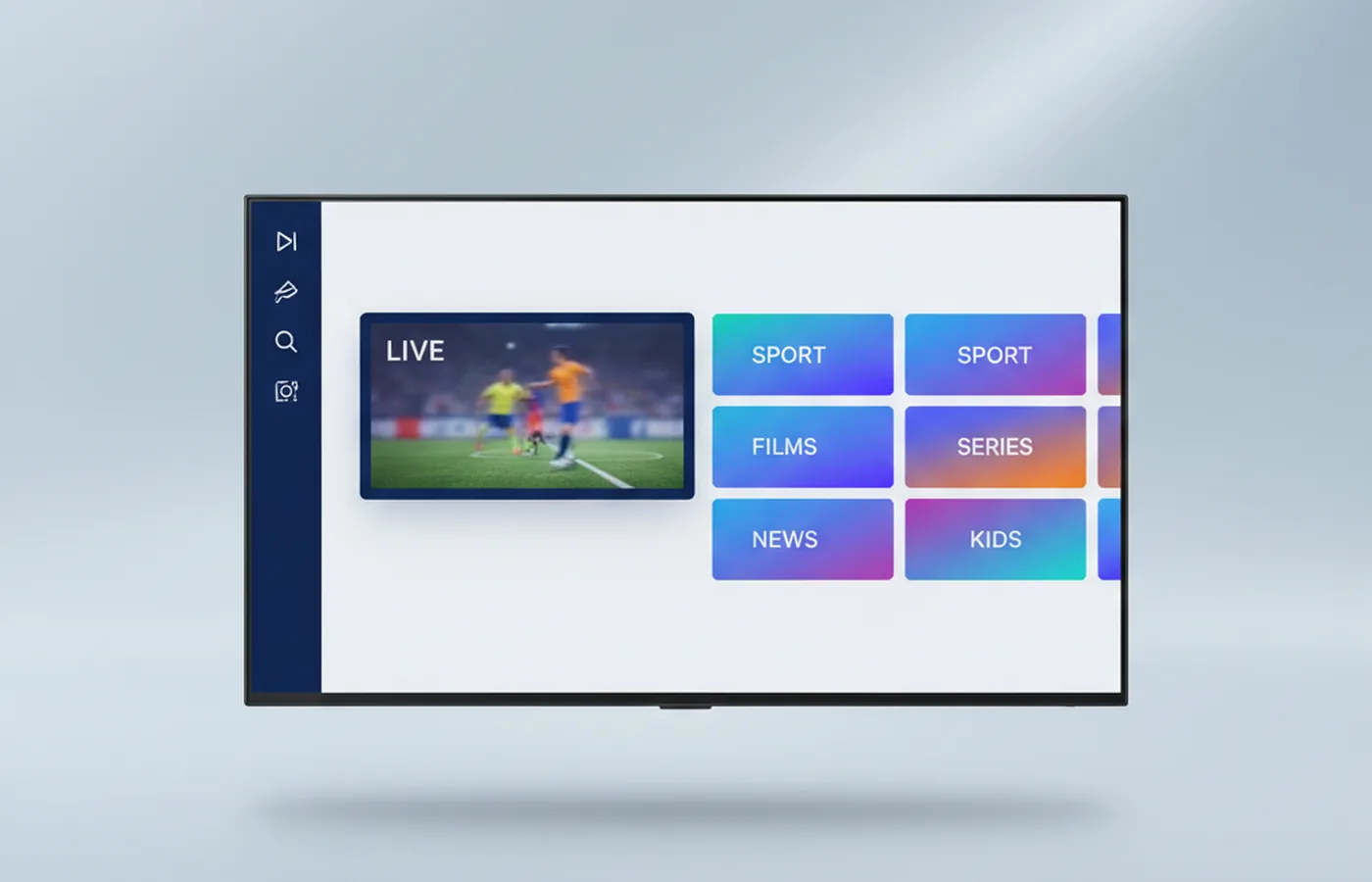 IPTV-Player-Oberfläche auf einem Streaming-Gerät am Fernseher
