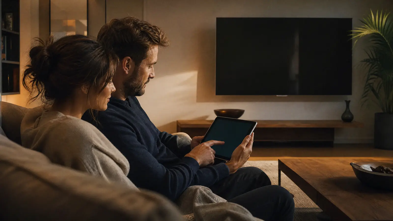 Paar wählt auf dem Sofa am Tablet ein IPTV Abo, im Hintergrund der Smart-TV