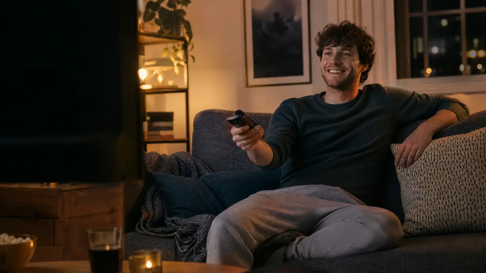 Mann testet IPTV mit der Fernbedienung auf dem Sofa